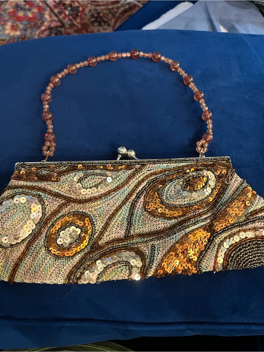 Embellished Beaded Handle Evening Clutch - Gold & Tan